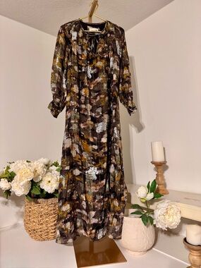 Anthropologie Olive Multi Abstract Floral Maxi Dress